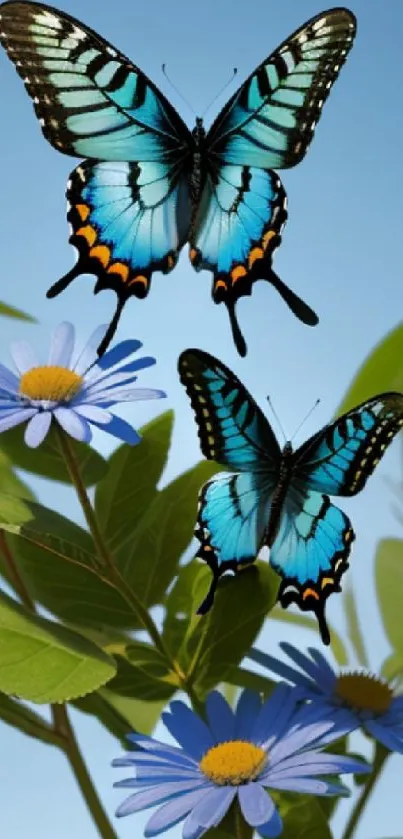 Two blue butterflies with green leaves and flowers on a sky-blue background.