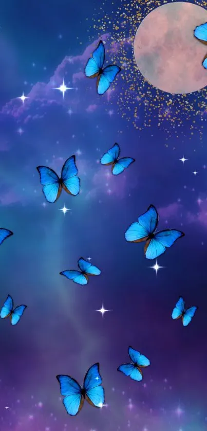 Enchanting blue butterflies on a starlit purple sky with a glowing moon.