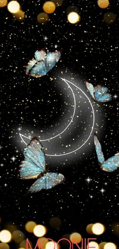 Mobile wallpaper with blue butterflies and crescent moon on a starry sky.