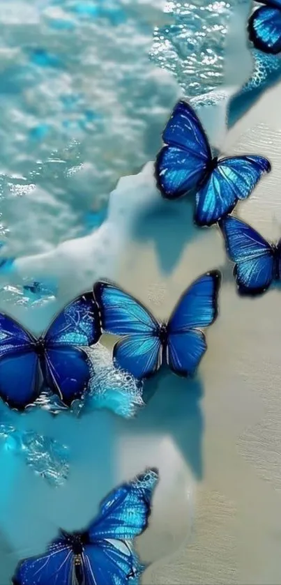 Vibrant blue butterflies on sandy beach mobile wallpaper.