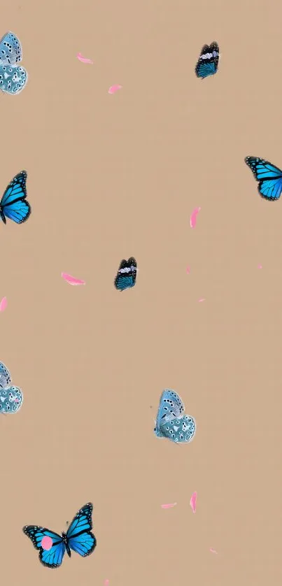 Blue butterflies scattered on a beige background, ideal for mobile screens.