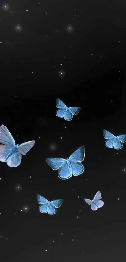 Elegant blue butterflies on a black background for mobile wallpaper.