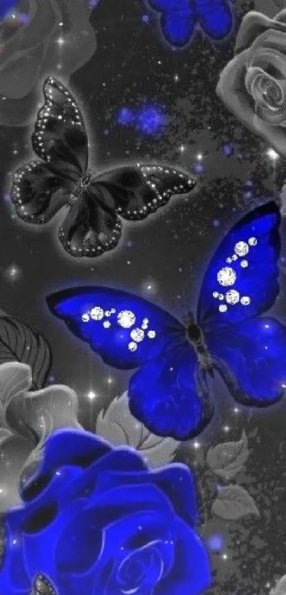 Blue butterflies with black roses on a dark background wallpaper.