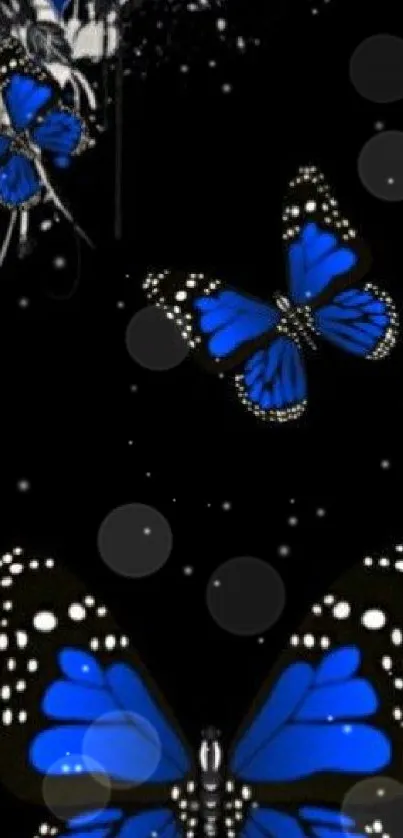 Blue butterflies on black with heart design mobile wallpaper.