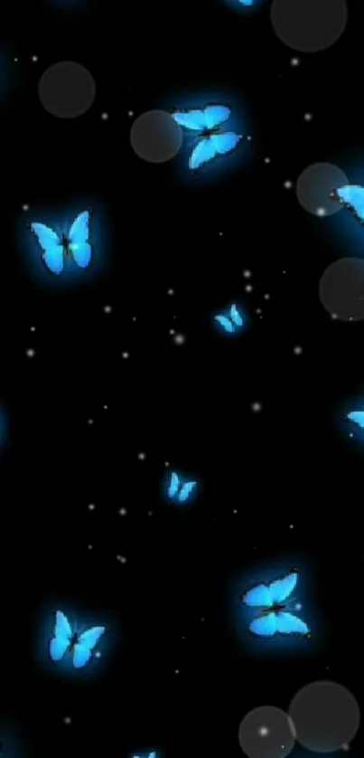 Blue butterflies fluttering on a black background mobile wallpaper.