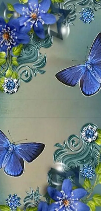 Mobile wallpaper with blue butterflies and floral art design.