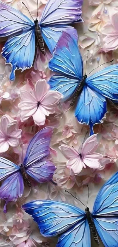 Beautiful blue butterflies on pink floral background for phone wallpaper.