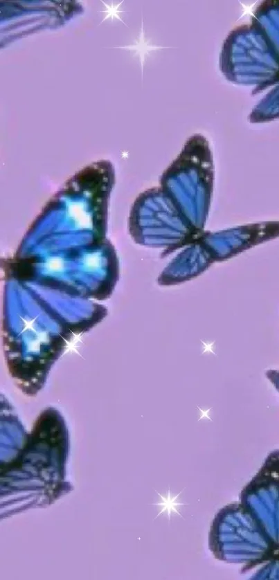 Blue butterflies on a soft lilac background wallpaper.