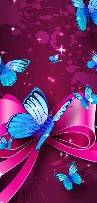 Blue butterflies with pink ribbon on purple wallpaper.