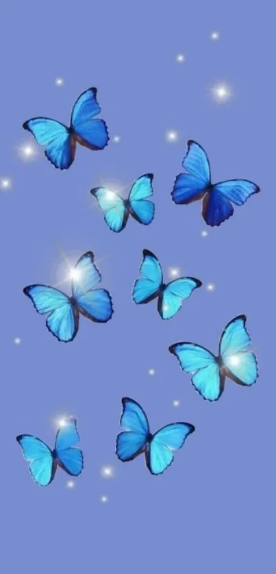 Blue butterflies soar on a gentle purple background.