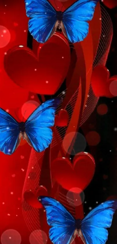 Blue butterflies with red hearts wallpaper, vibrant design.