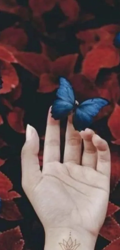 Hand with tattoo reaching for blue butterflies on red leaves.