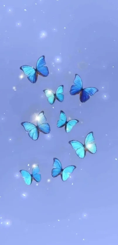 Blue butterflies flutter against a starry, light blue sky on a mobile wallpaper.