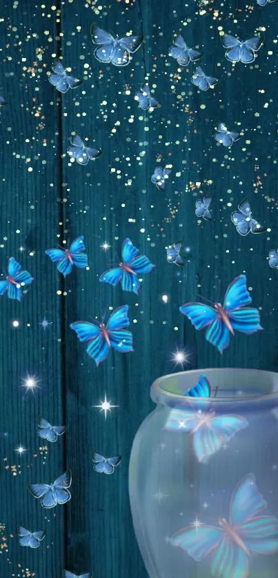 Blue butterflies on a dark wooden background with glittering stars.