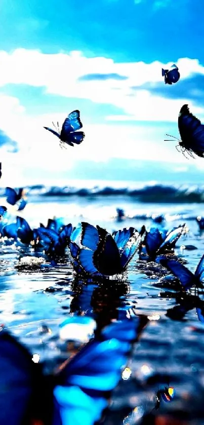 Blue butterflies fly over water in a serene nature scene.