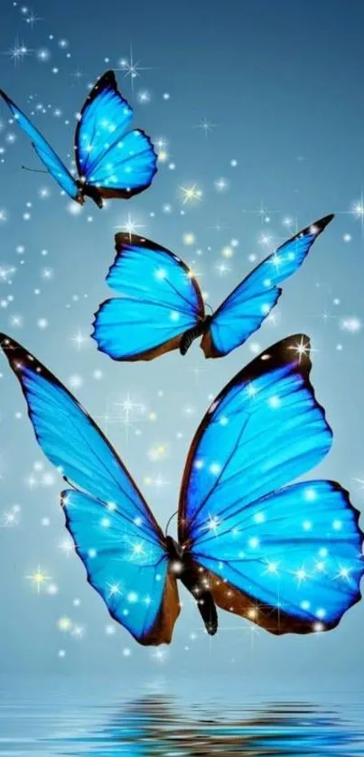 Enchanting blue butterflies with shimmering lights on water.