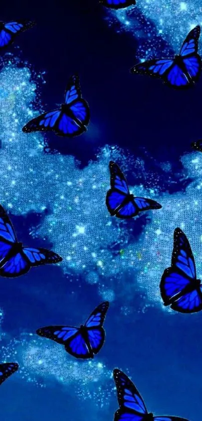 Blue butterflies float against a starry night sky.