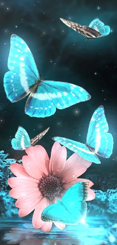 Blue butterflies fluttering above a pink flower in a serene night scene.