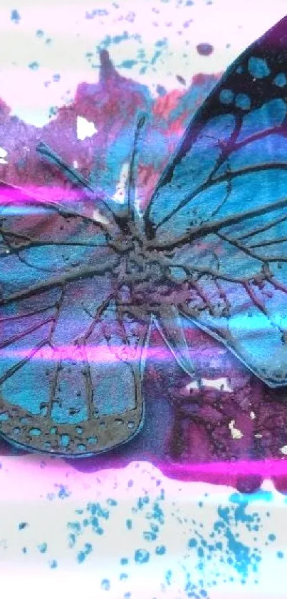 Blue butterfly on abstract splash background.