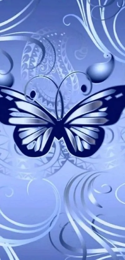 Blue butterfly abstract art with intricate swirls on wallpaper.