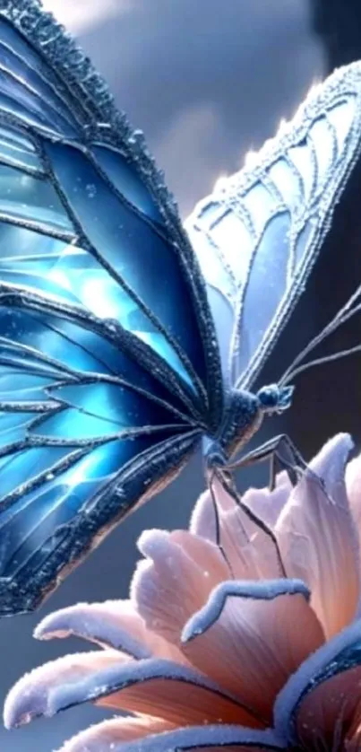Blue butterfly sitting on a flower with a serene background.