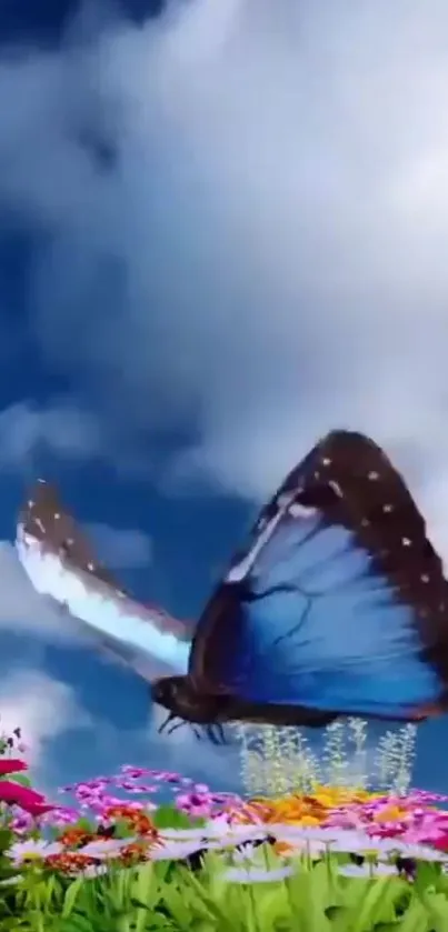 Vibrant blue butterfly hovering over colorful flowers with a blue sky backdrop.