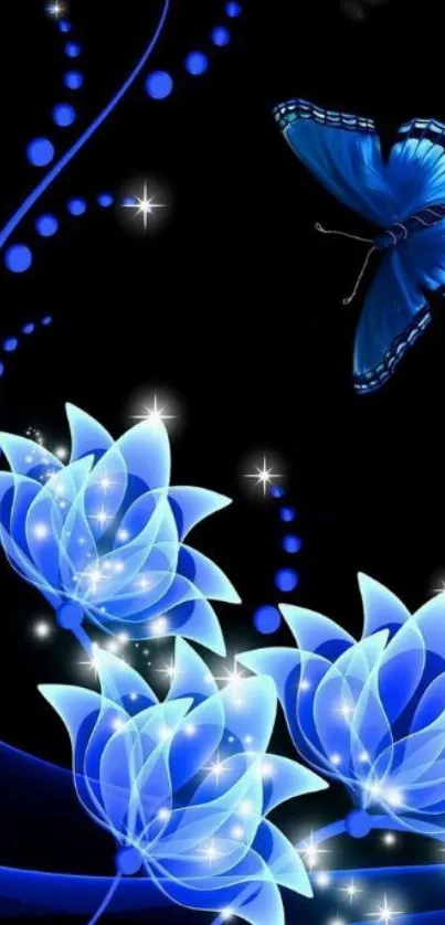 Mobile wallpaper with blue butterfly and lotus flowers on black background.