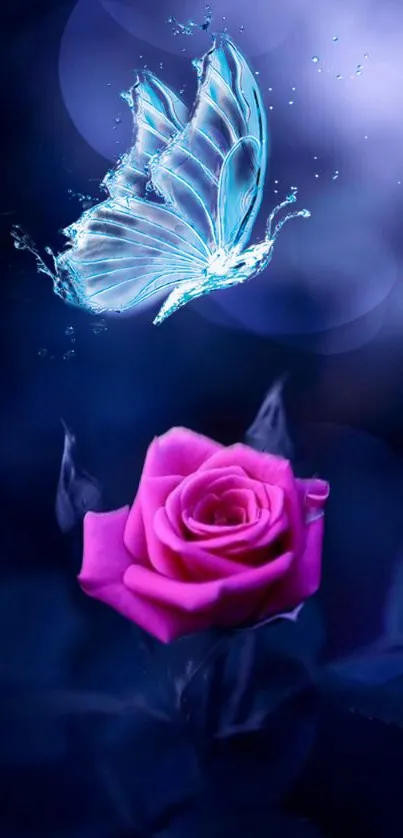 Mystical blue butterfly hovering over a pink rose on a dark background.