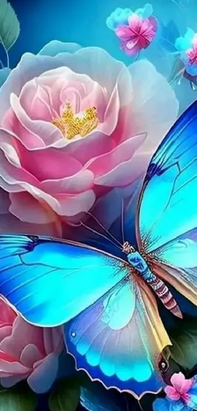 Blue butterfly rests on a pink rose in a vivid wallpaper scene.