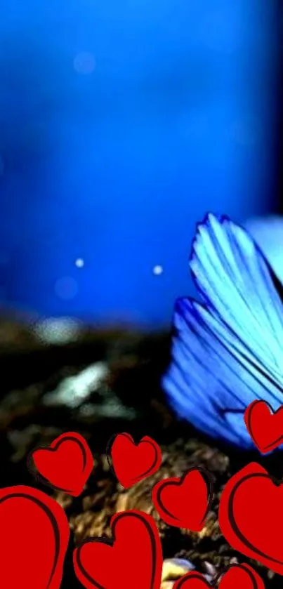 Vibrant blue butterfly with glowing red hearts creates a stunning mobile wallpaper.