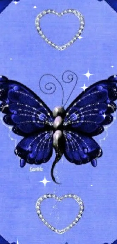 Elegant blue butterfly and roses wallpaper with heart designs.