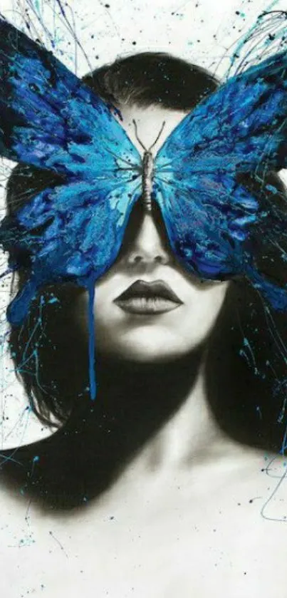 Abstract art with blue butterfly on face.