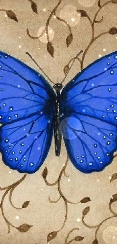 A striking blue butterfly on a beige patterned background.