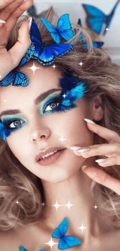 A stunning woman adorned with vivid blue butterflies and matching makeup.