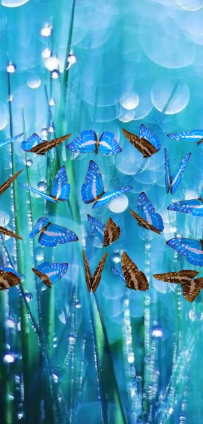 Blue and brown butterflies among dewy grass with a dreamy blue background.