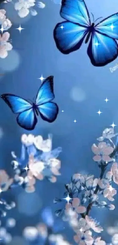 Blue butterflies and blossoms on vibrant phone wallpaper.