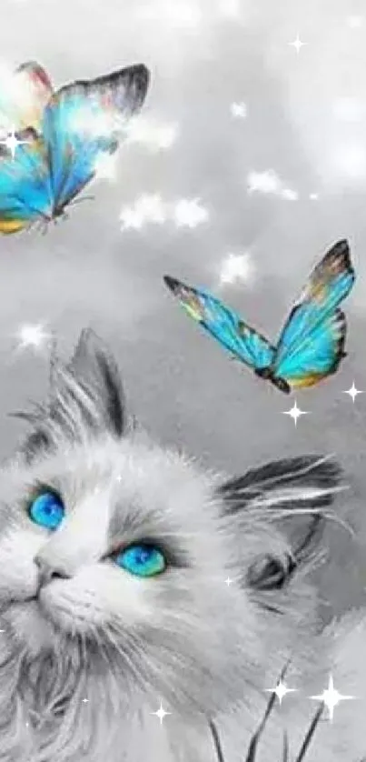 White cat with blue butterflies in grayscale background.