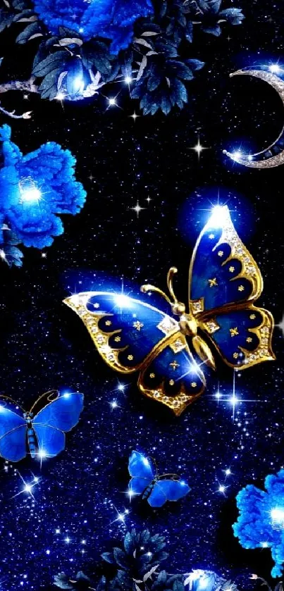 Elegant wallpaper with blue butterflies and celestial theme.