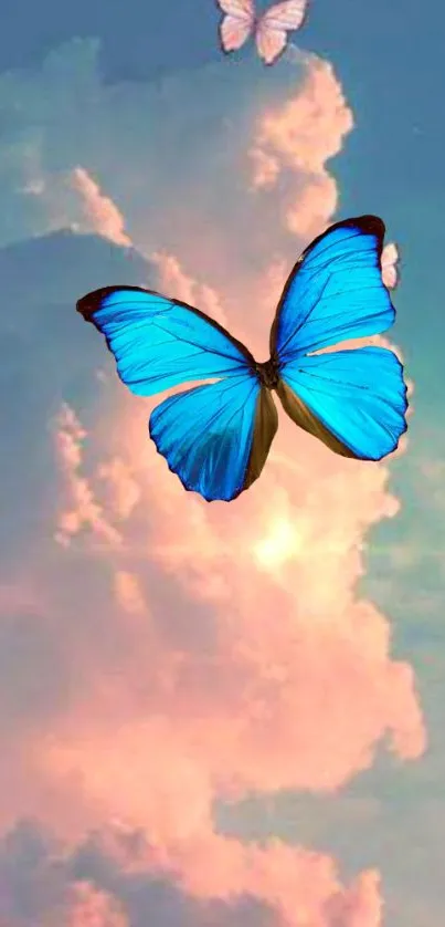 Blue butterfly soaring in a colorful cloud-filled sky.