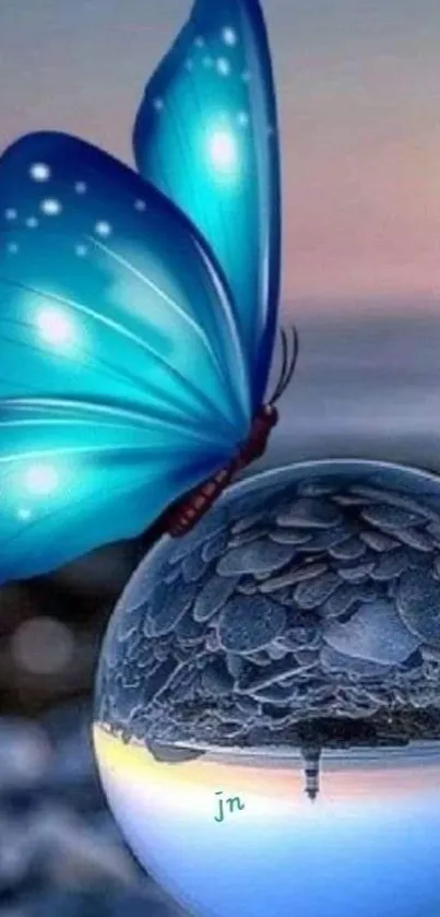 Blue butterfly on a crystal sphere in a mystical setting.