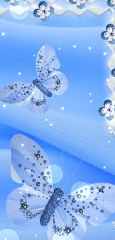 Blue butterfly wallpaper with floral accents.