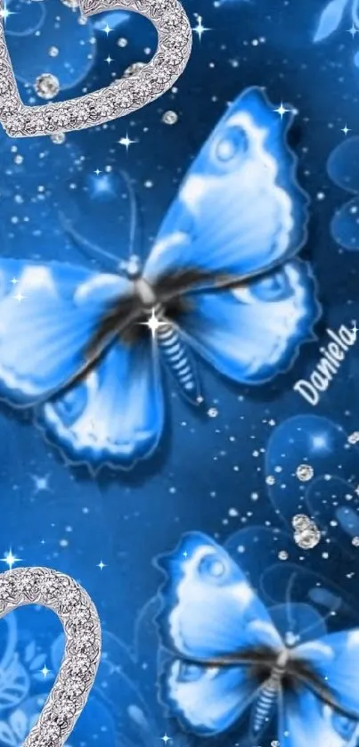 Blue butterflies with diamond hearts and floral patterns.