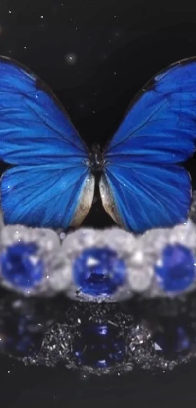 Blue butterfly with diamonds on a starry background.