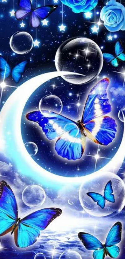 Enchanting blue butterfly wallpaper with crescent moon and roses.