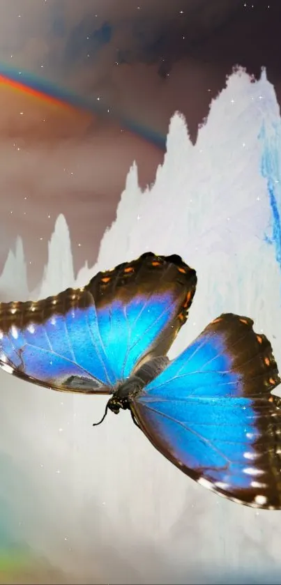 Blue butterfly against a mystical landscape with celestial elements.