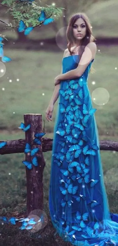 Woman in blue dress with butterflies in a natural setting.