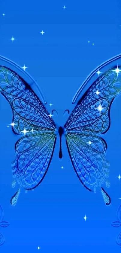 Elegant blue butterfly design on vibrant wallpaper background.