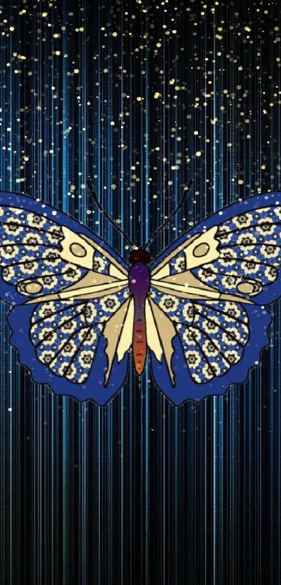 Elegant blue butterfly wallpaper with intricate patterns on a dark background.