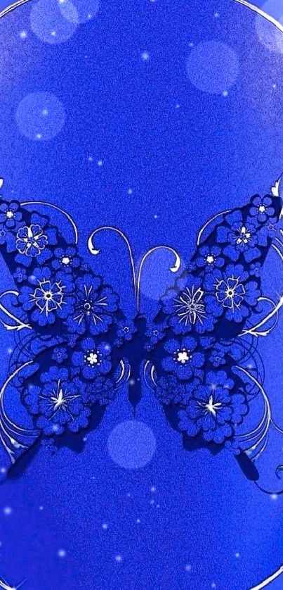 Elegant blue butterfly wallpaper with floral patterns.