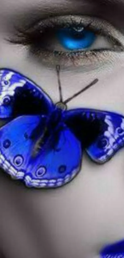 Blue butterfly and eye art wallpaper for mobile.